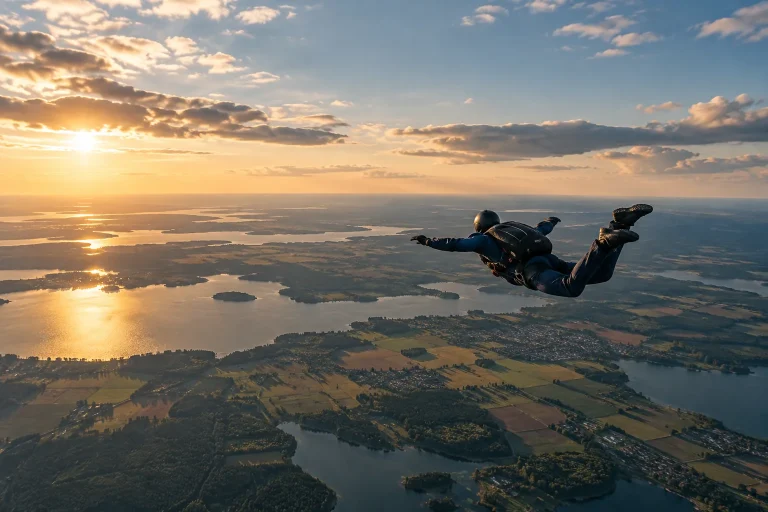 Symbolmotiv: Fallschirmspringer im freien Fall über einer weiten Seen- und Feldlandschaft.
