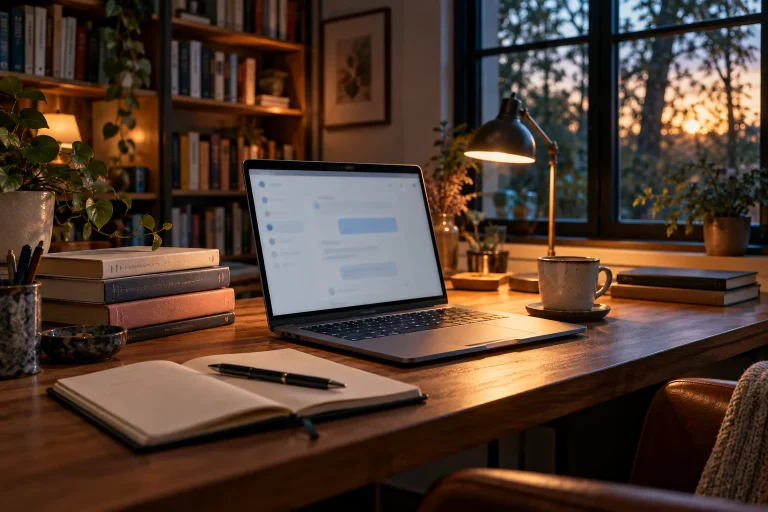 Symbolmotiv: Ein Laptop neben Büchern und Notizbuch auf einem klassisch eingerichteten Schreibtisch.