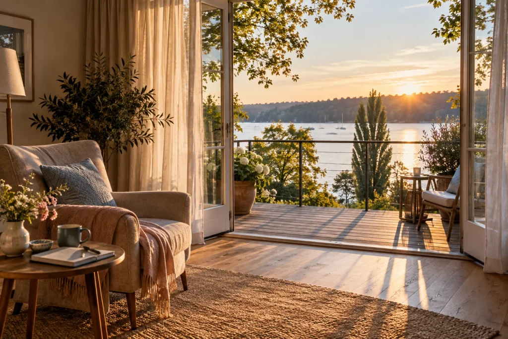 Symbolmotiv für einen Rückzug: behaglicher Raum mit Sitzplatz und Blick ins Grüne und auf einen See.