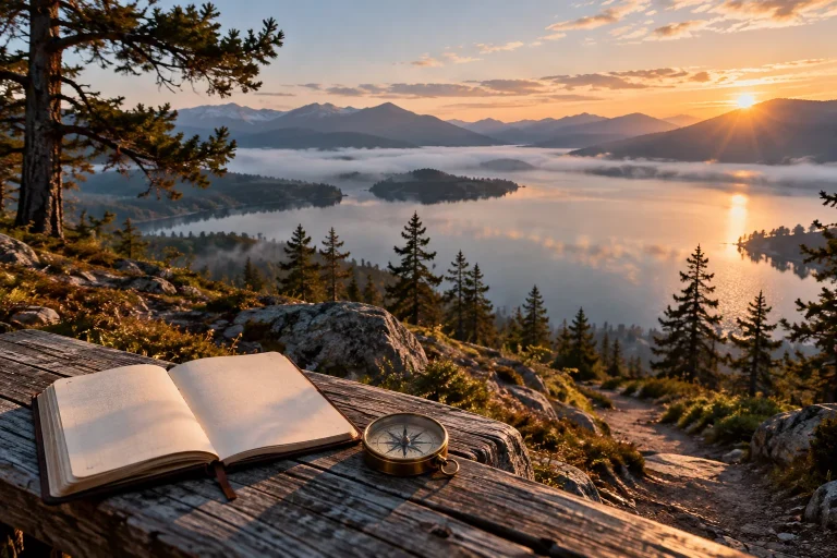 Symbolmotiv: Ein offenes Notizbuch und ein Kompass vor einer weiten Landschaft im Morgenlicht.