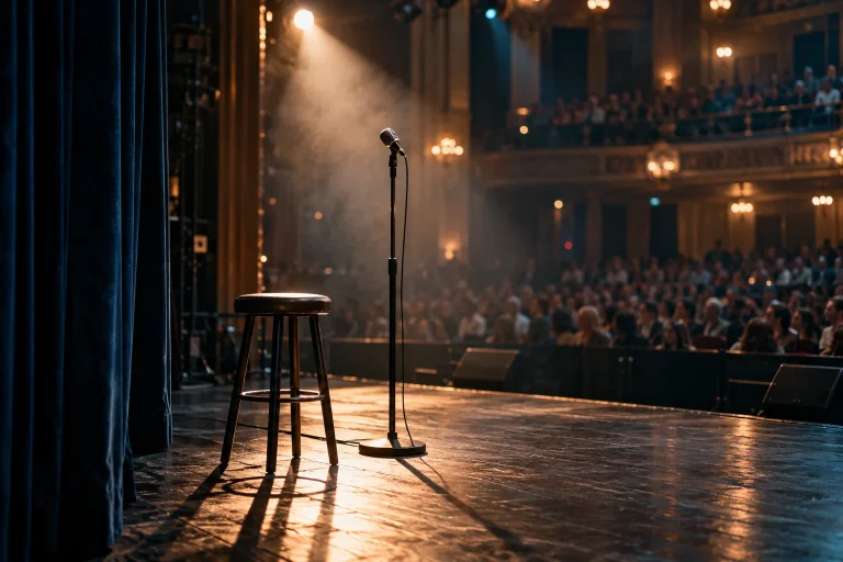 Symbolmotiv: Mikrofon und Hocker auf einer warm beleuchteten Theaterbühne vor Publikum.