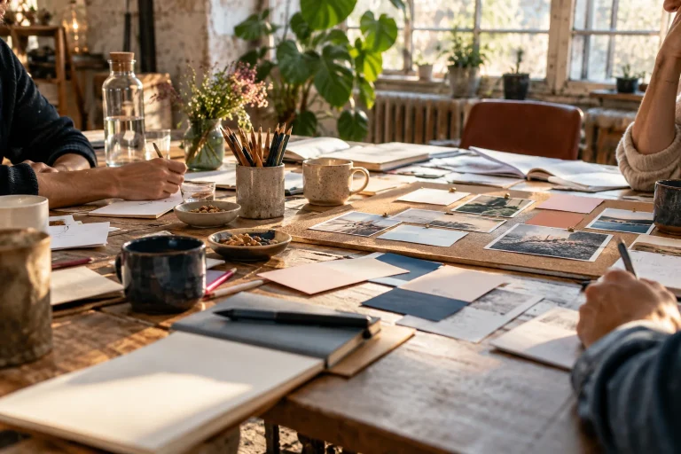 Symbolmotiv: Papierkarten, Notizbücher und Stifte auf einem gemeinsamen Workshop-Tisch.