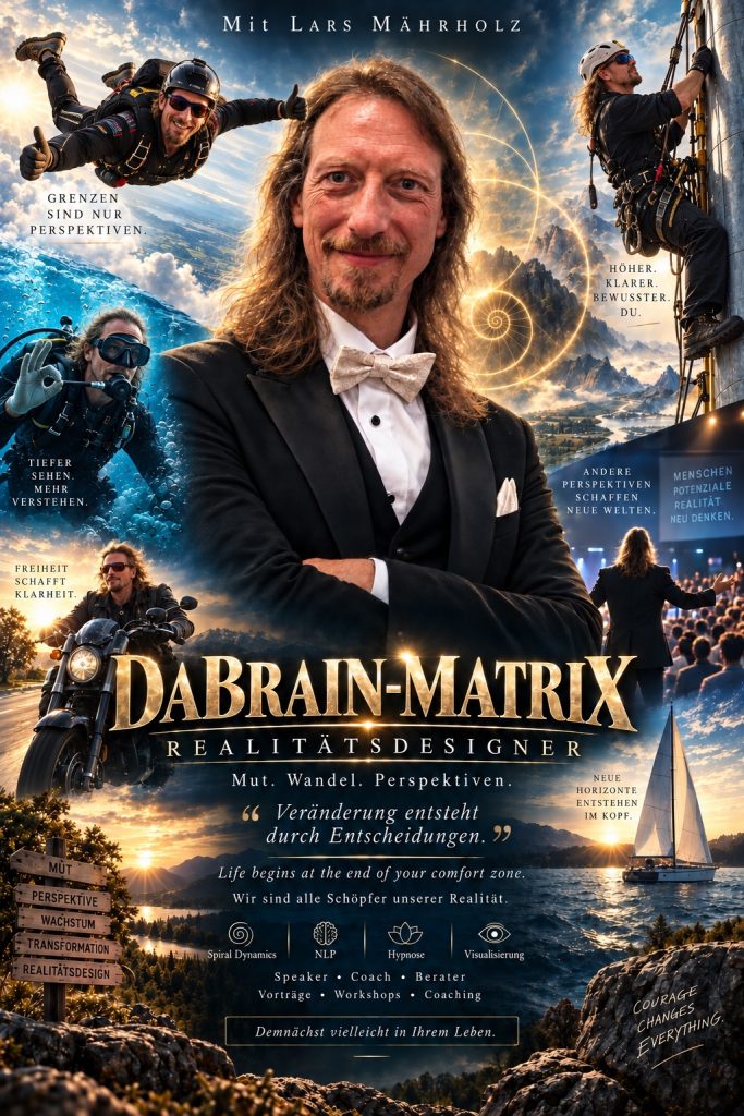 DaBrain-Matrix-Filmplakat: Lars Mährholz im Smoking, umgeben von Fallschirmsprung, Tauchen, Motorrad, Bühne und Segelboot.