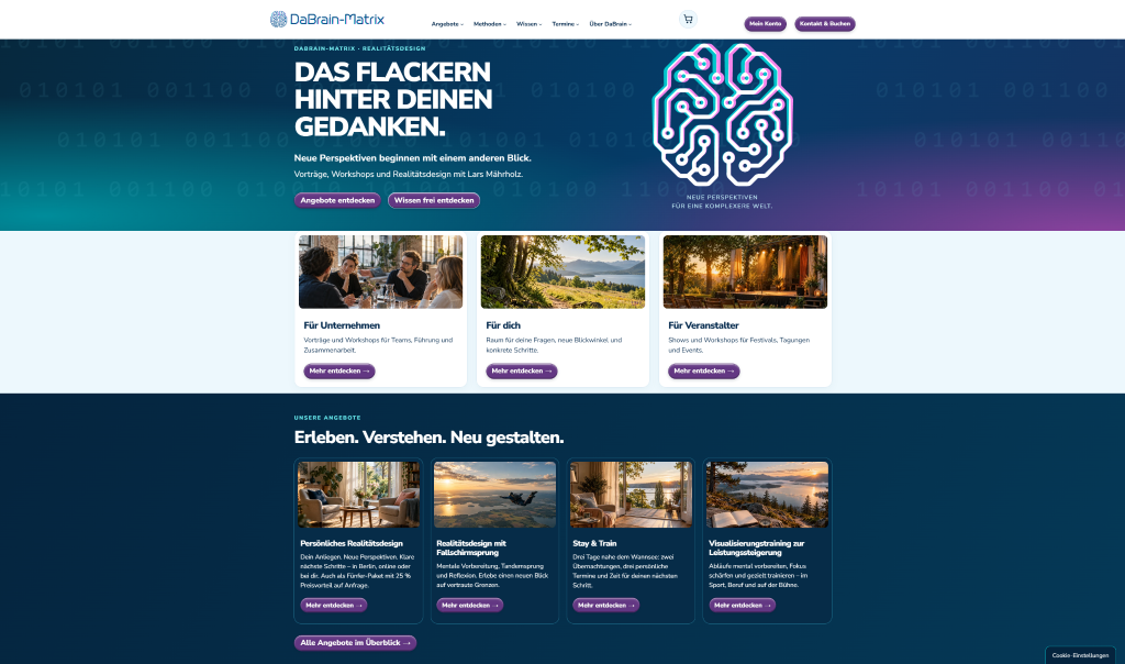 Screenshot der DaBrain-Matrix-Startseite mit Angeboten für Unternehmen, Privatpersonen und Veranstalter.