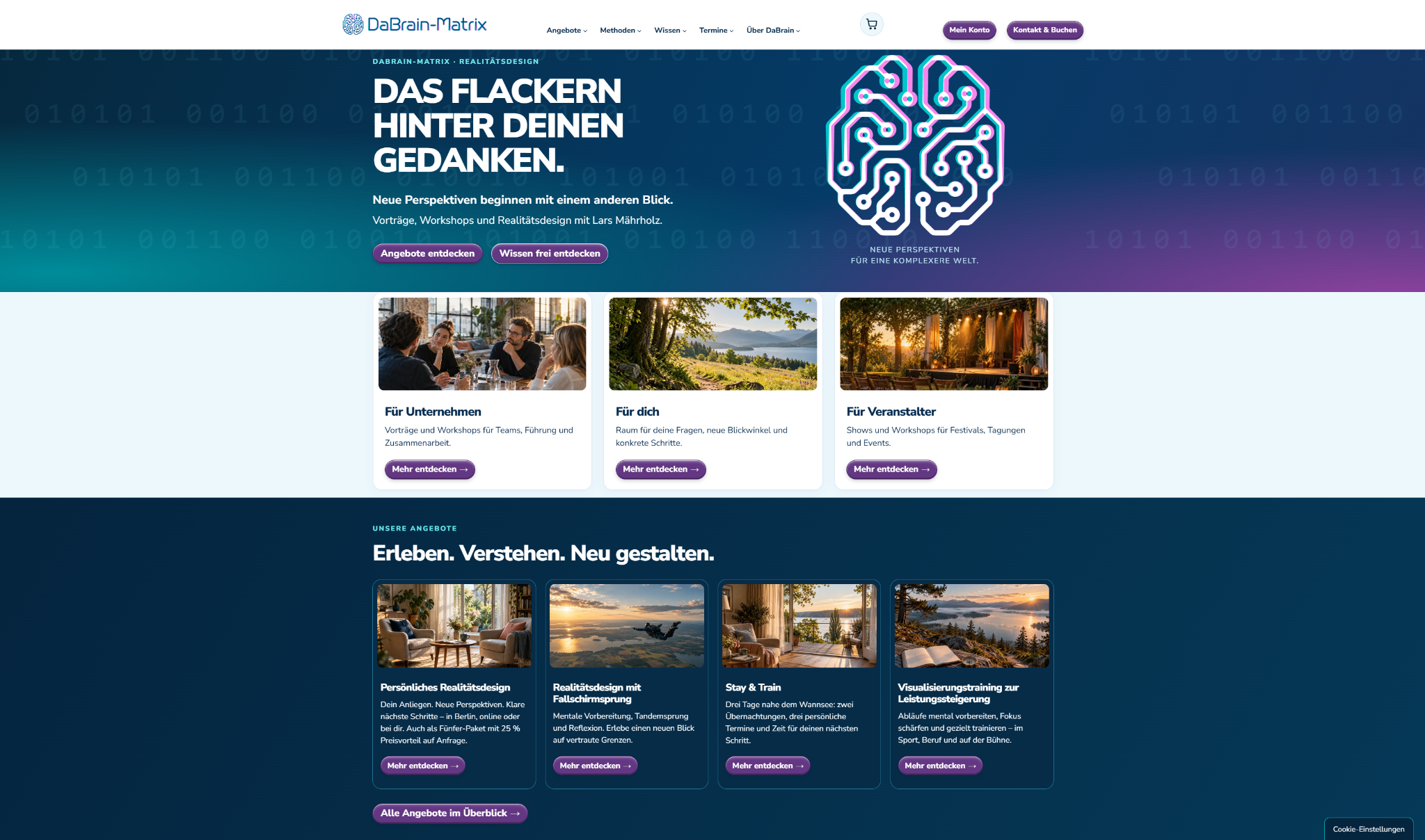 Screenshot der DaBrain-Matrix-Startseite mit Angeboten für Unternehmen, Privatpersonen und Veranstalter.