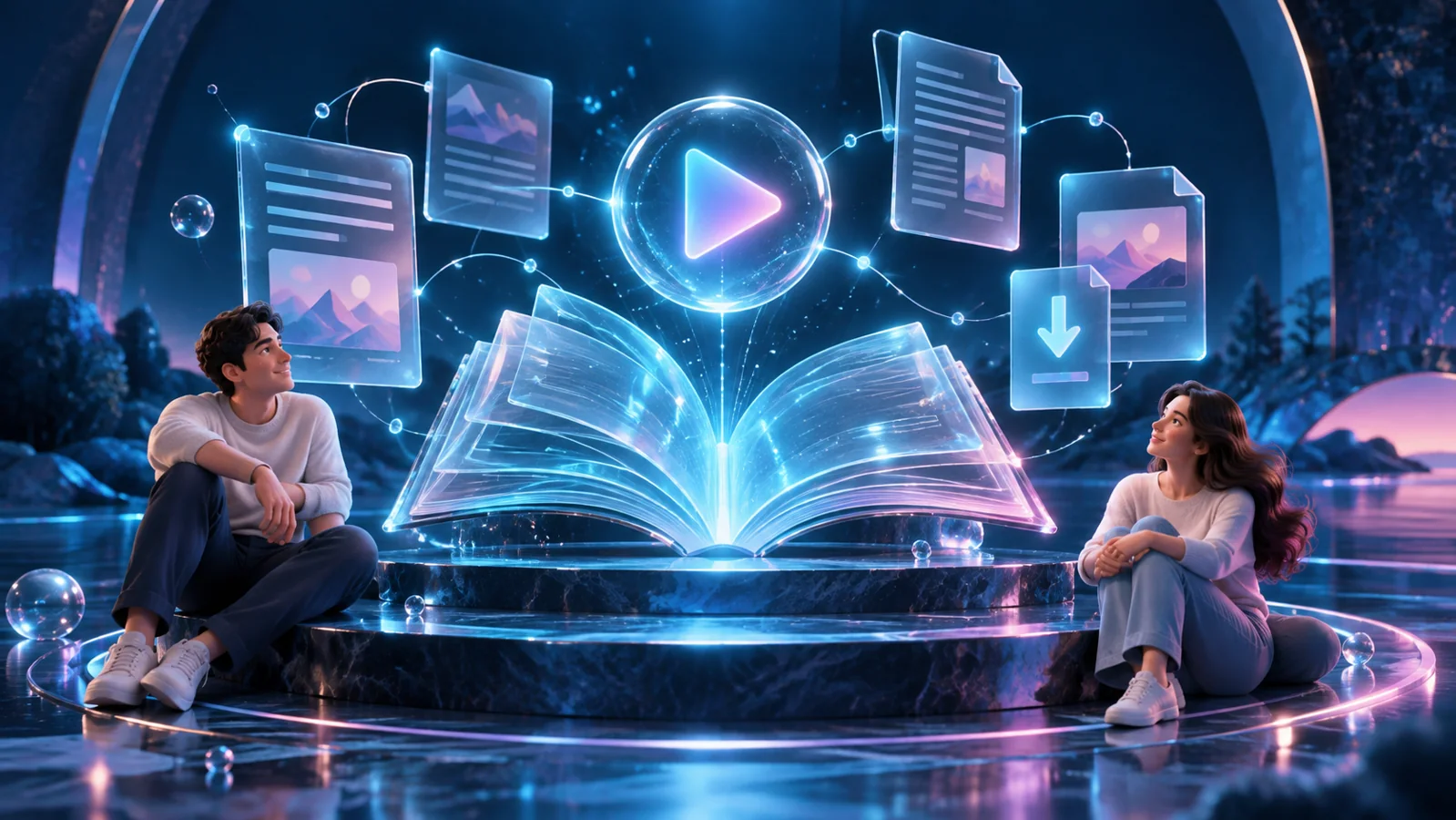 Digitale Illustration eines offenen Buchs mit verbundenen Dokumenten und Videosymbol.