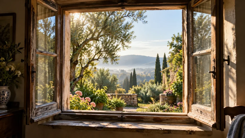 Symbolmotiv: Ein geöffnetes Holzfenster gibt den Blick auf einen sonnigen Garten und Hügel frei.