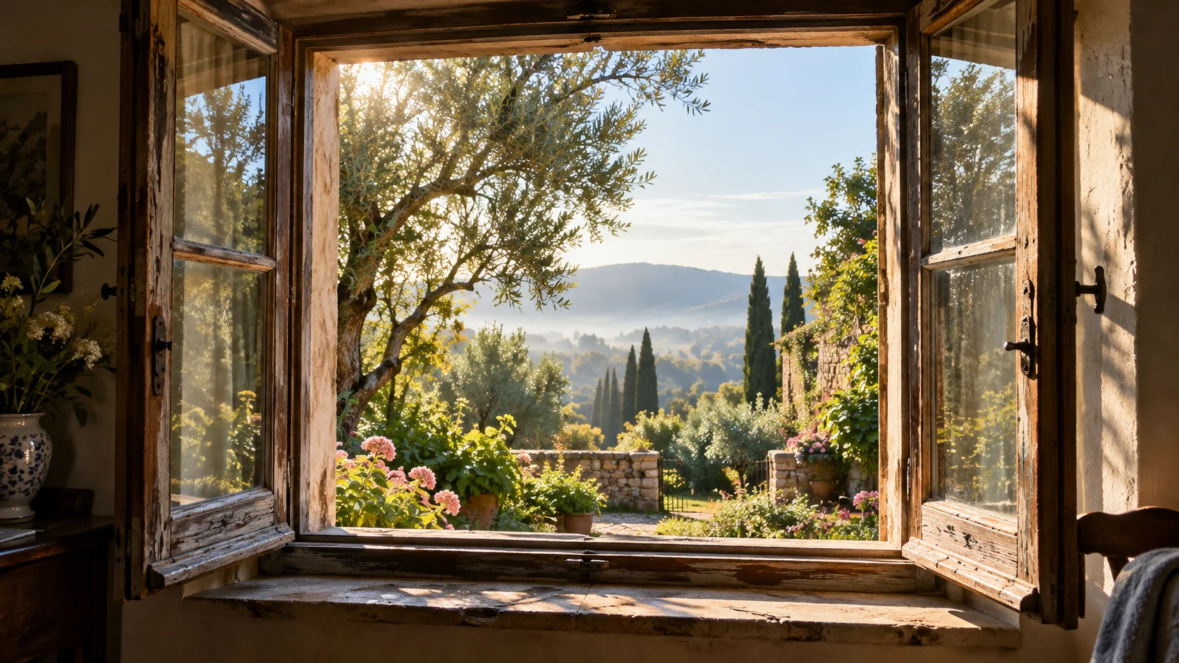 Symbolmotiv: Ein geöffnetes Holzfenster gibt den Blick auf einen sonnigen Garten und Hügel frei.