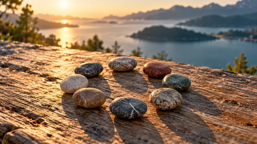 Symbolmotiv: Unterschiedliche Kieselsteine liegen im Kreis auf einem Holztisch vor einer Seenlandschaft.
