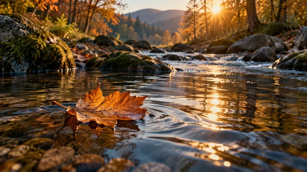 Symbolmotiv: Ein Herbstblatt treibt auf einem ruhig fließenden Bach.