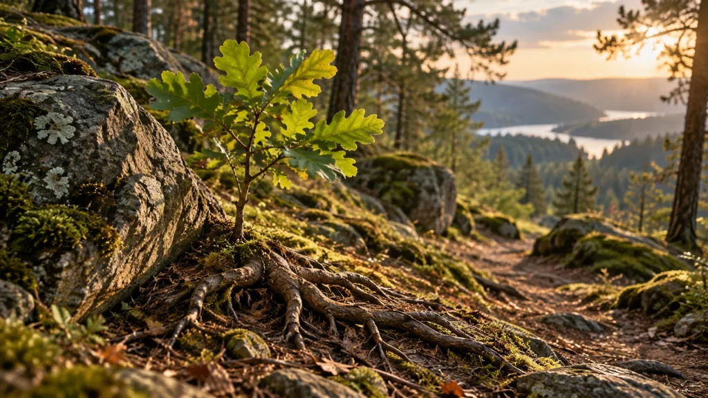 Symbolmotiv: Eine junge Eiche wächst zwischen Steinen an einem sonnigen Weg.