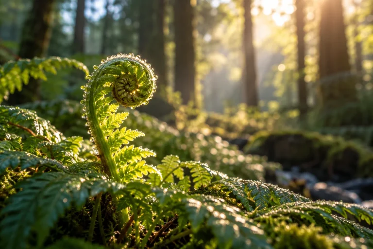 Eine junge Farnspirale mit Tautropfen entfaltet sich im goldenen Waldlicht.
