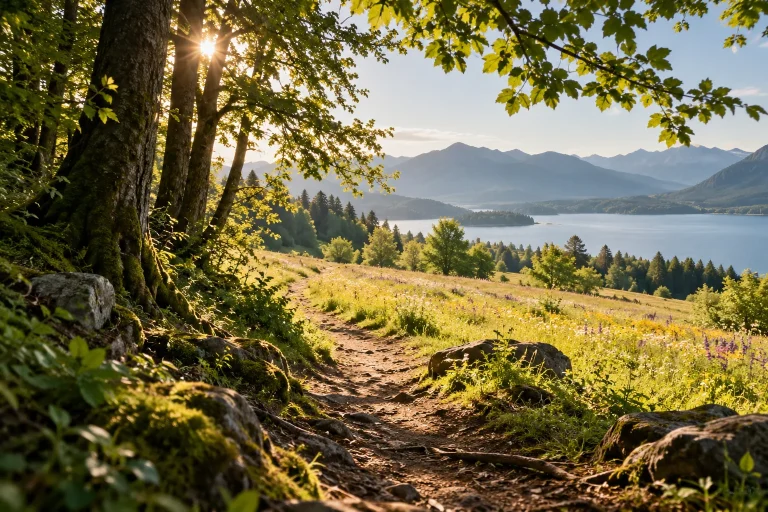 Ein sonniger Weg führt zwischen Bäumen auf eine Blumenwiese über einem See vor einer Bergkulisse.