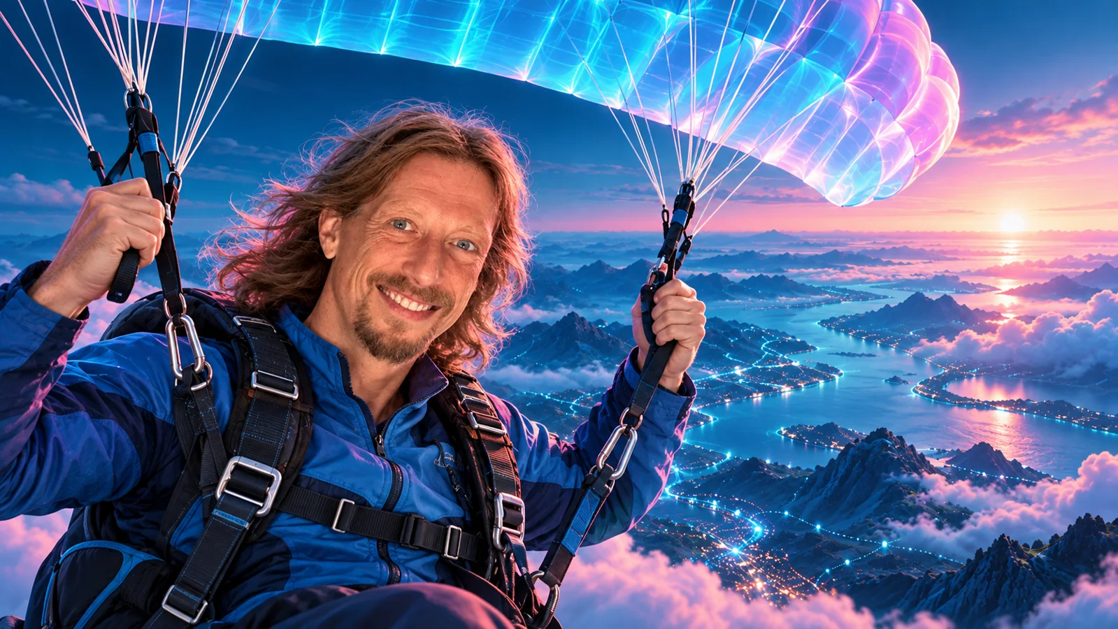 Digitale Illustration: Lars Mährholz mit Fallschirm vor einer blau-türkisen Landschaft.