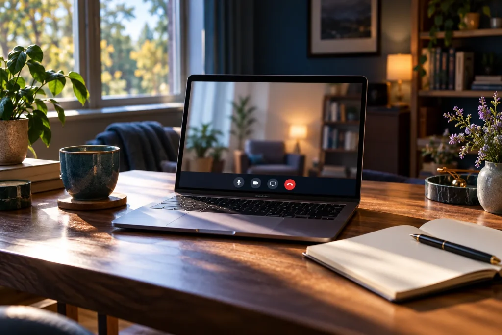Symbolmotiv: Laptop für ein Videogespräch neben einem Notizbuch auf einem Holztisch.