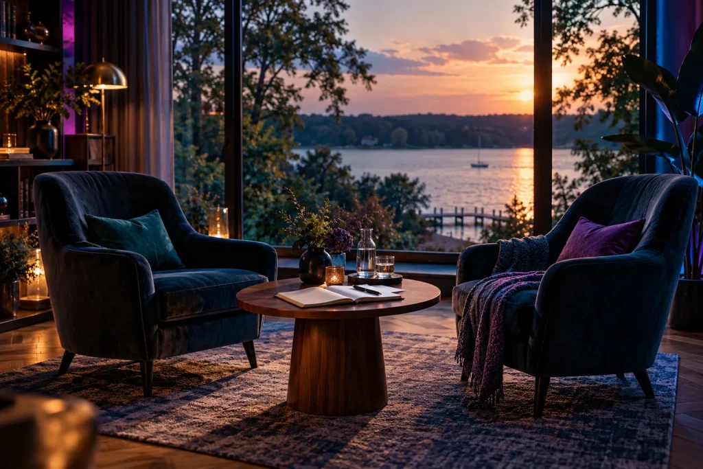 Symbolmotiv: zwei Sessel und ein offenes Notizbuch vor einem See im Abendlicht.