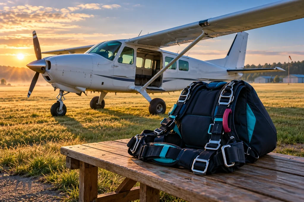 Symbolmotiv: eine gepackte Fallschirmausrüstung vor einem kleinen Flugzeug auf einem Flugplatz.