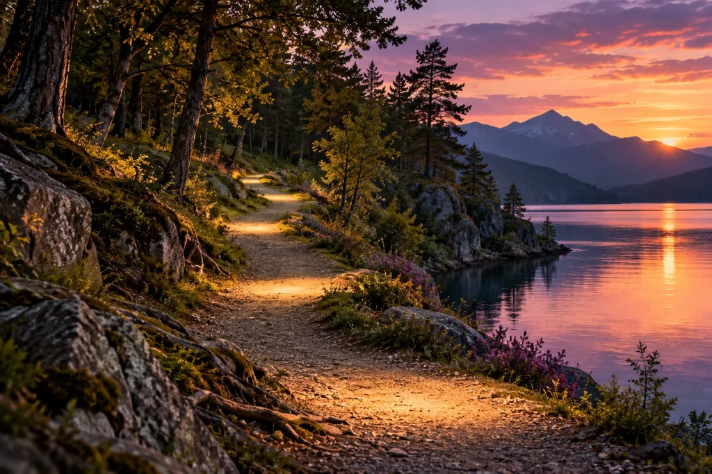 Symbolmotiv: ein Waldweg mit mehreren Lichtstellen an einem See.