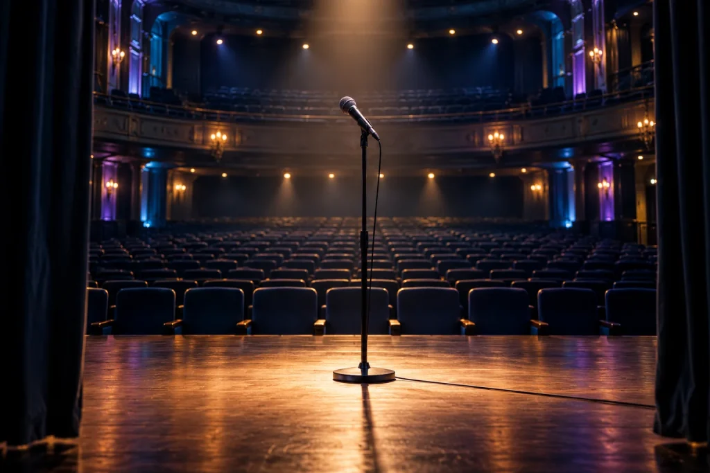 Symbolmotiv: ein Mikrofon auf einer Theaterbühne vor leeren Zuschauerreihen.